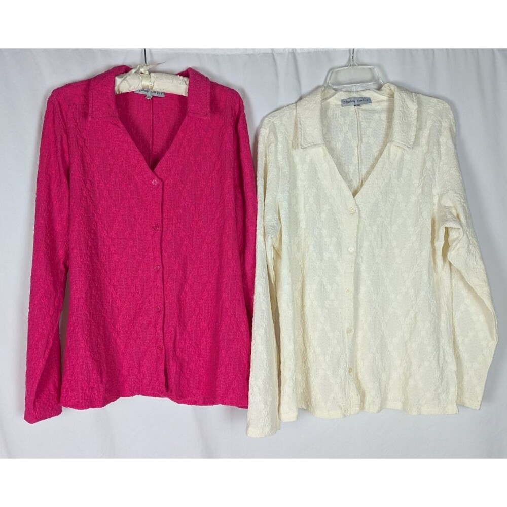 Absolutely Famous Blouse XL Women's Pink White Textured Button Down Lot of 2